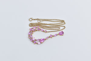 10K Pear Syn. Pink Sapphire Drop Chain Chevron Necklace 18.5" Yellow Gold