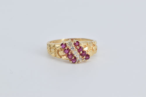 14K Ruby Diamond Vintage Textured Nugget Fashion Ring Yellow Gold