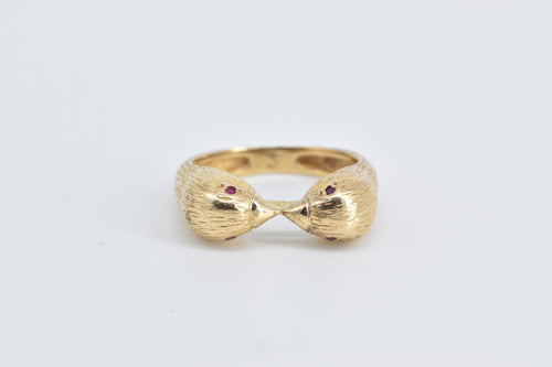 14K Ruby Eyed Love Bird Ornate Statement Ring Yellow Gold