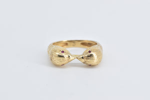 14K Ruby Eyed Love Bird Ornate Statement Ring Yellow Gold