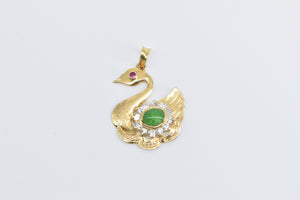 18K Oval Jade Diamond Halo Swan Ruby Eyed Bird Pendant Yellow Gold