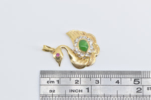 18K Oval Jade Diamond Halo Swan Ruby Eyed Bird Pendant Yellow Gold