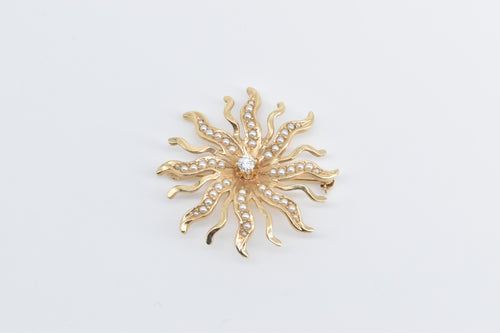 14K Victorian Seed Pearl Diamond Sun Flower Pendant/Pin Yellow Gold