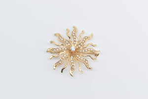 14K Victorian Seed Pearl Diamond Sun Flower Pendant/Pin Yellow Gold