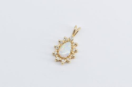 14K Pear Opal Diamond Halo Vintage Fashion Pendant Yellow Gold