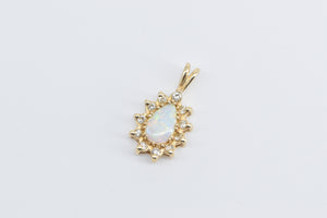 14K Pear Opal Diamond Halo Vintage Fashion Pendant Yellow Gold