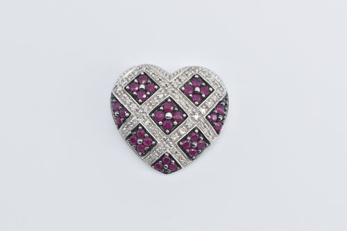 14K Ruby Diamond Checkered Pave Heart Love Pendant White Gold