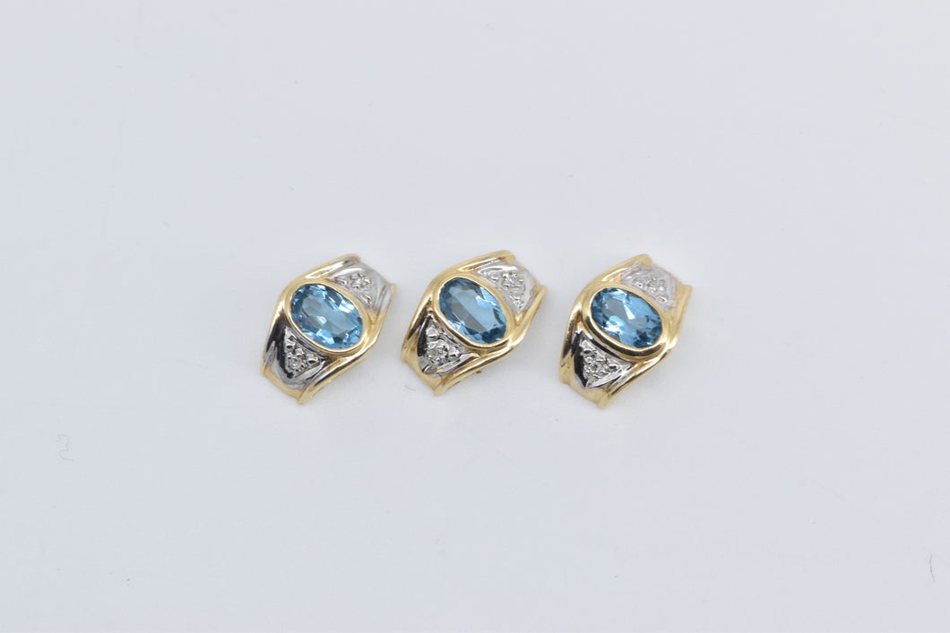 14K Oval Blue Topaz Diamond Ornate Slide Set (3 pcs) Pendant Yellow Gold