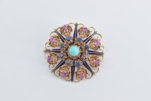 Load image into Gallery viewer, 14K Turquoise Ruby Sapphire Ornate Domed Floral Pendant/Pin Yellow Gold