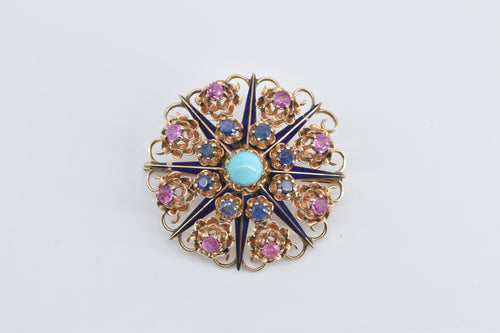 14K Turquoise Ruby Sapphire Ornate Domed Floral Pendant/Pin Yellow Gold