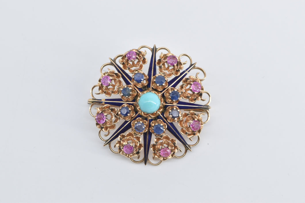 14K Turquoise Ruby Sapphire Ornate Domed Floral Pendant/Pin Yellow Gold