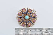 Load image into Gallery viewer, 14K Turquoise Ruby Sapphire Ornate Domed Floral Pendant/Pin Yellow Gold