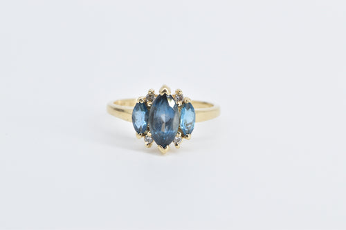 14K Marquise Blue Topaz Diamond Three Stone Ring Yellow Gold