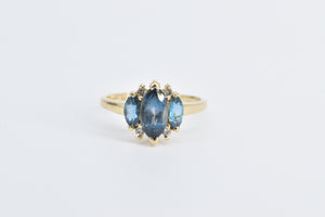 14K Marquise Blue Topaz Diamond Three Stone Ring Yellow Gold