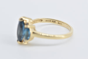 14K Marquise Blue Topaz Diamond Three Stone Ring Yellow Gold