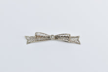 Load image into Gallery viewer, 14K Art Deco Filigree Bow Diamond Ribbon Bar Pin/Brooch White Gold