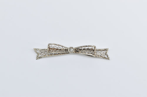 14K Art Deco Filigree Bow Diamond Ribbon Bar Pin/Brooch White Gold