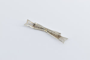 14K Art Deco Filigree Bow Diamond Ribbon Bar Pin/Brooch White Gold