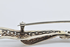 14K Art Deco Filigree Bow Diamond Ribbon Bar Pin/Brooch White Gold