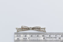 Load image into Gallery viewer, 14K Art Deco Filigree Bow Diamond Ribbon Bar Pin/Brooch White Gold