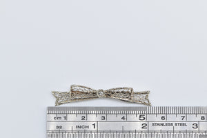 14K Art Deco Filigree Bow Diamond Ribbon Bar Pin/Brooch White Gold