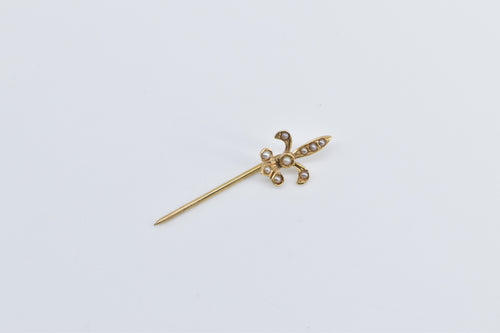 14K Seed Pearl Fleur De Lis Ornate Statement Stick Pin Yellow Gold