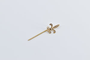 14K Seed Pearl Fleur De Lis Ornate Statement Stick Pin Yellow Gold