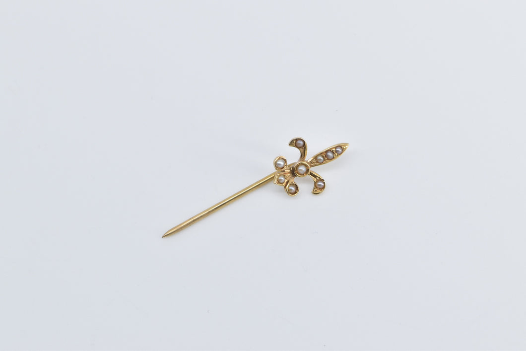 14K Seed Pearl Fleur De Lis Ornate Statement Stick Pin Yellow Gold