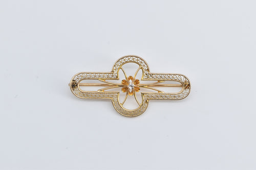 10K Diamond Art Deco Filigree Rounded Bar Pin/Brooch Yellow Gold