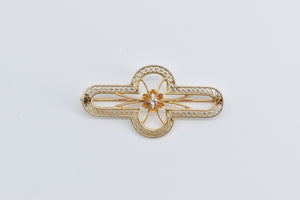 10K Diamond Art Deco Filigree Rounded Bar Pin/Brooch Yellow Gold