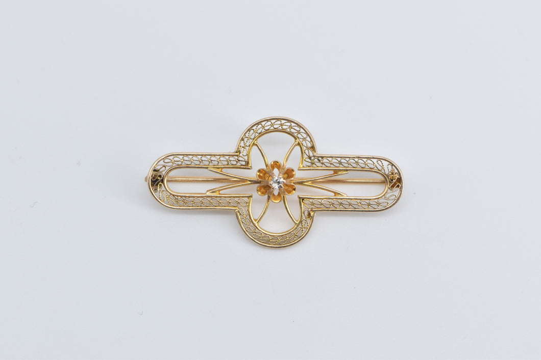 10K Diamond Art Deco Filigree Rounded Bar Pin/Brooch Yellow Gold