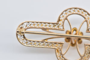 10K Diamond Art Deco Filigree Rounded Bar Pin/Brooch Yellow Gold