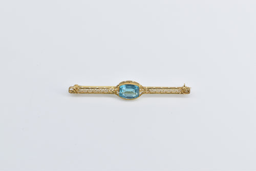 10K Victorian Blue Topaz Ornate Filigree Bar Pin/Brooch Yellow Gold