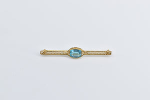 10K Victorian Blue Topaz Ornate Filigree Bar Pin/Brooch Yellow Gold