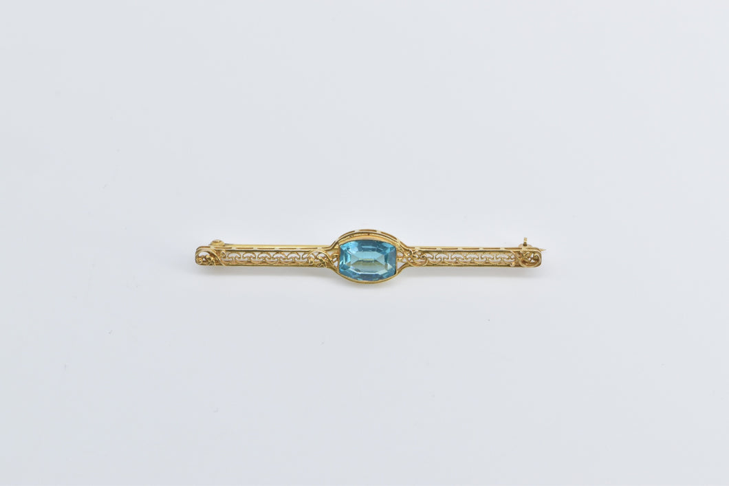 10K Victorian Blue Topaz Ornate Filigree Bar Pin/Brooch Yellow Gold