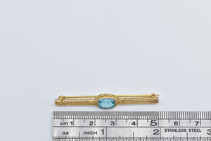 10K Victorian Blue Topaz Ornate Filigree Bar Pin/Brooch Yellow Gold