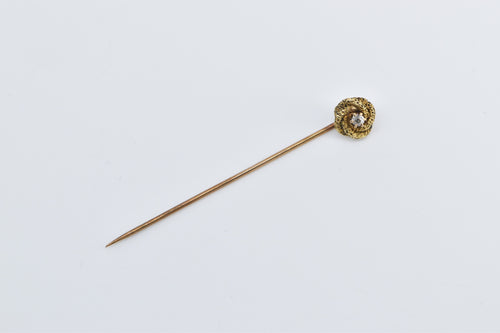 10K Victorian Diamond Swirl Spiral Knot Ornate Stick Pin Yellow Gold