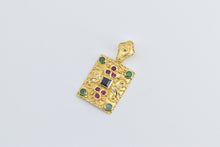 Load image into Gallery viewer, 18K Etruscan Revival Sapphire Ruby Squared Pendant Yellow Gold