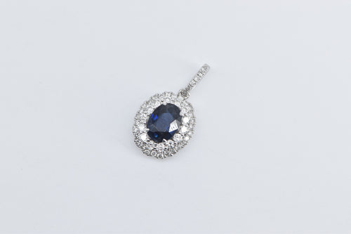 18K Oval Sapphire Diamond Halo Statement Pendant White Gold