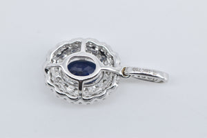 18K Oval Sapphire Diamond Halo Statement Pendant White Gold