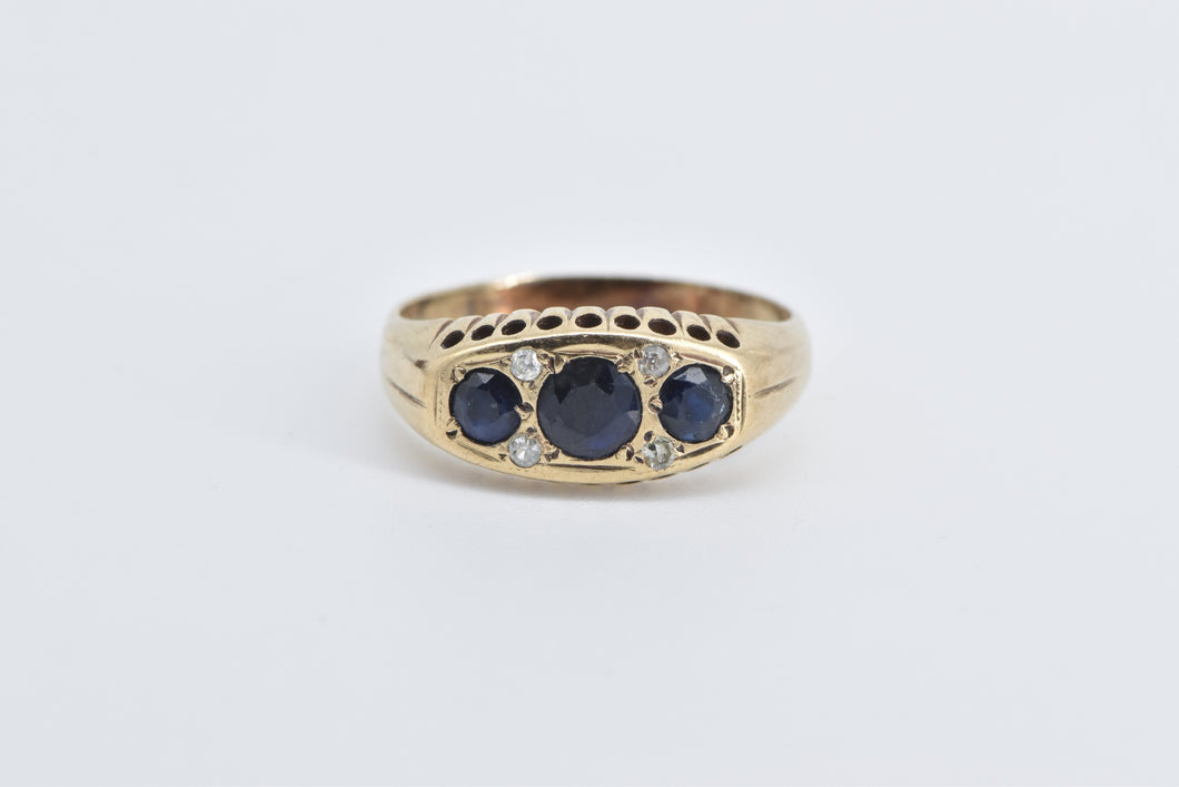 9K Victorian Sapphire Diamond Three Stone Ring Yellow Gold