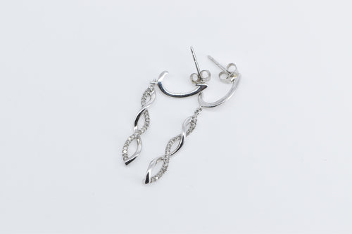 10K Diamond Twist Spiral Dangle Fashion Earrings White Gold