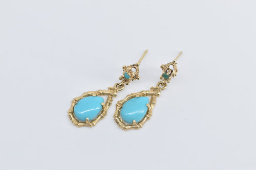 14K Pear Tear Drop Turquoise Bamboo Motif Earrings Yellow Gold