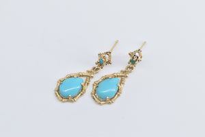 14K Pear Tear Drop Turquoise Bamboo Motif Earrings Yellow Gold