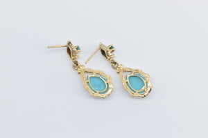 14K Pear Tear Drop Turquoise Bamboo Motif Earrings Yellow Gold