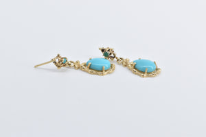 14K Pear Tear Drop Turquoise Bamboo Motif Earrings Yellow Gold