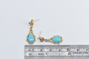 14K Pear Tear Drop Turquoise Bamboo Motif Earrings Yellow Gold