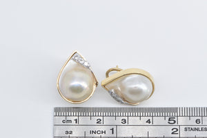 14K Pear Cut Pearl Diamond Statement French Clip Earrings Yellow Gold