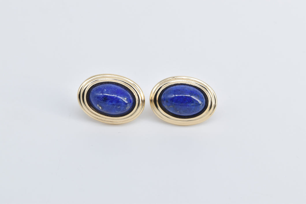 14K Oval Lapis Lazuli Cabochon Scalloped French Clip Earrings Yellow Gold