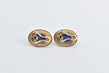 Load image into Gallery viewer, 14K Oval Lapis Lazuli Cabochon Scalloped French Clip Earrings Yellow Gold